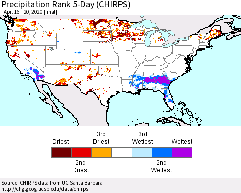 United States Precipitation Rank since 1981, 5-Day (CHIRPS) Thematic Map For 4/16/2020 - 4/20/2020