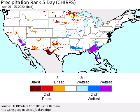 United States Precipitation Rank since 1981, 5-Day (CHIRPS) Thematic Map For 4/21/2020 - 4/25/2020