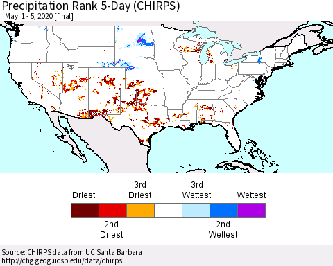 United States Precipitation Rank since 1981, 5-Day (CHIRPS) Thematic Map For 5/1/2020 - 5/5/2020