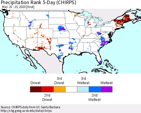 United States Precipitation Rank 5-Day (CHIRPS) Thematic Map For 5/21/2020 - 5/25/2020