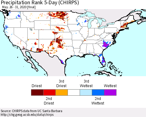 United States Precipitation Rank 5-Day (CHIRPS) Thematic Map For 5/26/2020 - 5/31/2020