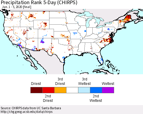 United States Precipitation Rank since 1981, 5-Day (CHIRPS) Thematic Map For 6/1/2020 - 6/5/2020