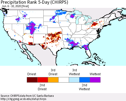 United States Precipitation Rank 5-Day (CHIRPS) Thematic Map For 6/6/2020 - 6/10/2020