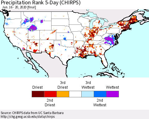 United States Precipitation Rank 5-Day (CHIRPS) Thematic Map For 6/16/2020 - 6/20/2020