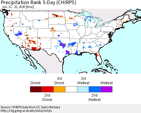 United States Precipitation Rank 5-Day (CHIRPS) Thematic Map For 6/21/2020 - 6/25/2020