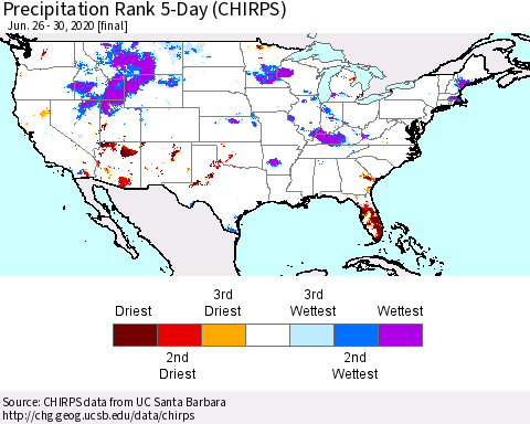 United States Precipitation Rank since 1981, 5-Day (CHIRPS) Thematic Map For 6/26/2020 - 6/30/2020
