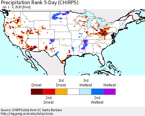 United States Precipitation Rank since 1981, 5-Day (CHIRPS) Thematic Map For 7/1/2020 - 7/5/2020