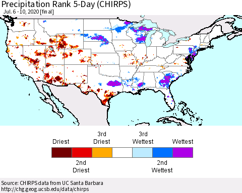 United States Precipitation Rank since 1981, 5-Day (CHIRPS) Thematic Map For 7/6/2020 - 7/10/2020
