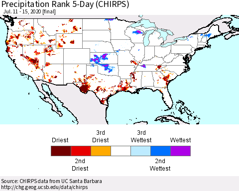 United States Precipitation Rank since 1981, 5-Day (CHIRPS) Thematic Map For 7/11/2020 - 7/15/2020