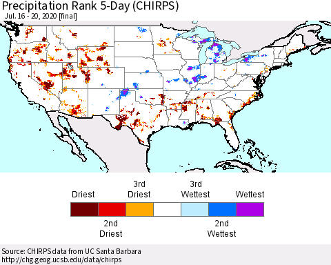United States Precipitation Rank 5-Day (CHIRPS) Thematic Map For 7/16/2020 - 7/20/2020