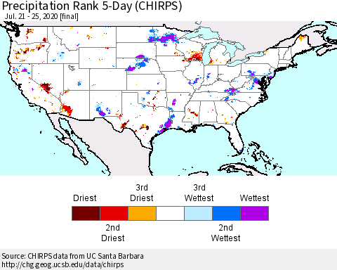 United States Precipitation Rank 5-Day (CHIRPS) Thematic Map For 7/21/2020 - 7/25/2020