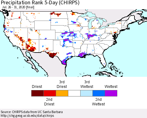 United States Precipitation Rank since 1981, 5-Day (CHIRPS) Thematic Map For 7/26/2020 - 7/31/2020