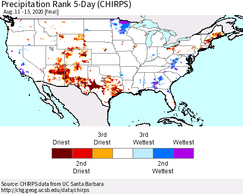 United States Precipitation Rank 5-Day (CHIRPS) Thematic Map For 8/11/2020 - 8/15/2020