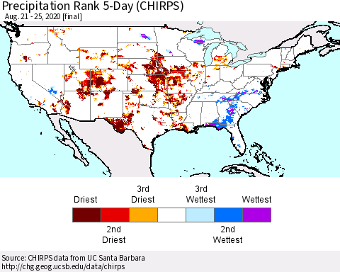 United States Precipitation Rank since 1981, 5-Day (CHIRPS) Thematic Map For 8/21/2020 - 8/25/2020