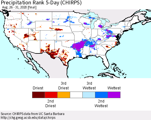 United States Precipitation Rank 5-Day (CHIRPS) Thematic Map For 8/26/2020 - 8/31/2020