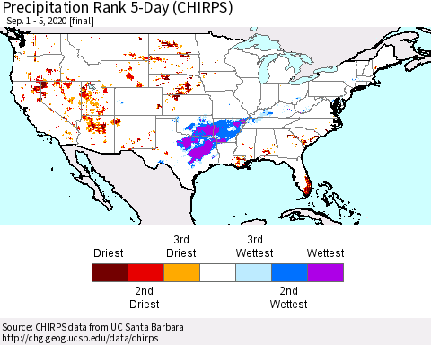 United States Precipitation Rank since 1981, 5-Day (CHIRPS) Thematic Map For 9/1/2020 - 9/5/2020