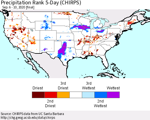 United States Precipitation Rank since 1981, 5-Day (CHIRPS) Thematic Map For 9/6/2020 - 9/10/2020