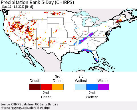 United States Precipitation Rank since 1981, 5-Day (CHIRPS) Thematic Map For 9/11/2020 - 9/15/2020