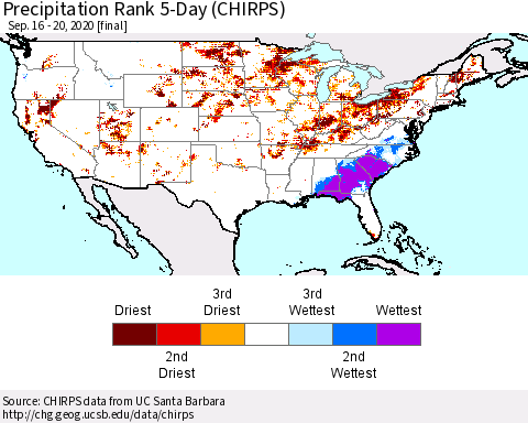 United States Precipitation Rank 5-Day (CHIRPS) Thematic Map For 9/16/2020 - 9/20/2020