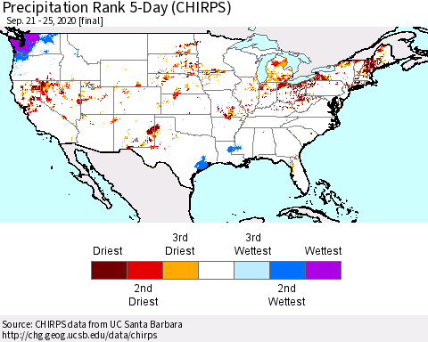 United States Precipitation Rank since 1981, 5-Day (CHIRPS) Thematic Map For 9/21/2020 - 9/25/2020