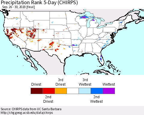 United States Precipitation Rank since 1981, 5-Day (CHIRPS) Thematic Map For 9/26/2020 - 9/30/2020
