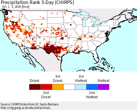 United States Precipitation Rank 5-Day (CHIRPS) Thematic Map For 10/1/2020 - 10/5/2020