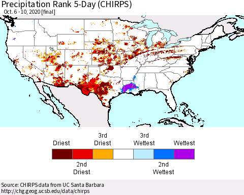 United States Precipitation Rank since 1981, 5-Day (CHIRPS) Thematic Map For 10/6/2020 - 10/10/2020