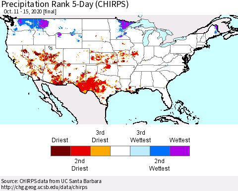 United States Precipitation Rank since 1981, 5-Day (CHIRPS) Thematic Map For 10/11/2020 - 10/15/2020