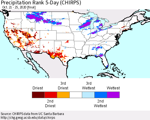 United States Precipitation Rank since 1981, 5-Day (CHIRPS) Thematic Map For 10/21/2020 - 10/25/2020