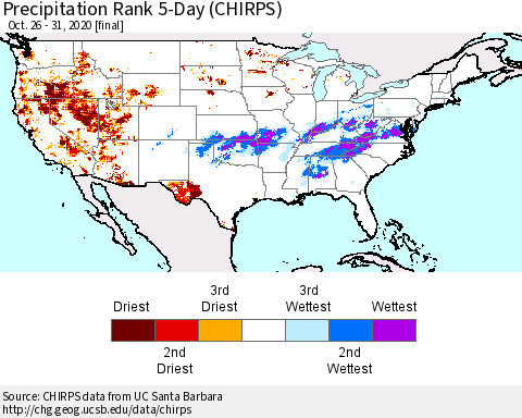 United States Precipitation Rank 5-Day (CHIRPS) Thematic Map For 10/26/2020 - 10/31/2020