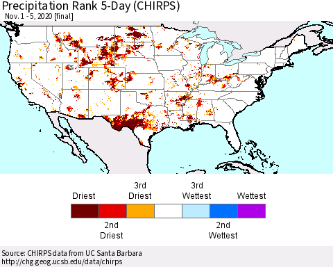 United States Precipitation Rank since 1981, 5-Day (CHIRPS) Thematic Map For 11/1/2020 - 11/5/2020