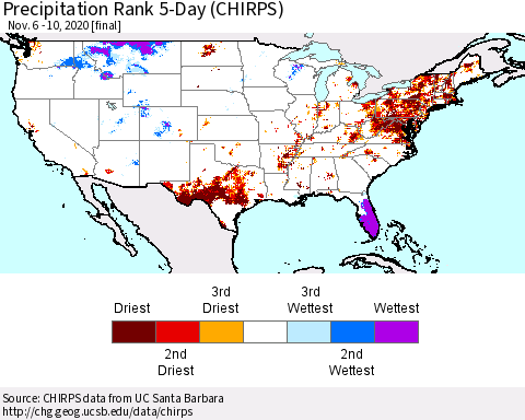 United States Precipitation Rank since 1981, 5-Day (CHIRPS) Thematic Map For 11/6/2020 - 11/10/2020