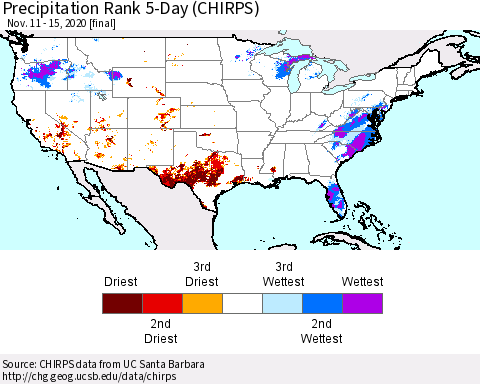 United States Precipitation Rank since 1981, 5-Day (CHIRPS) Thematic Map For 11/11/2020 - 11/15/2020