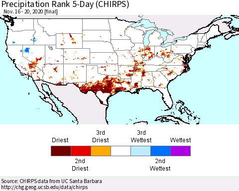 United States Precipitation Rank 5-Day (CHIRPS) Thematic Map For 11/16/2020 - 11/20/2020