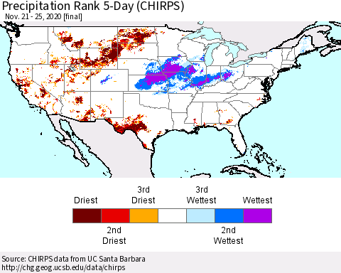 United States Precipitation Rank since 1981, 5-Day (CHIRPS) Thematic Map For 11/21/2020 - 11/25/2020
