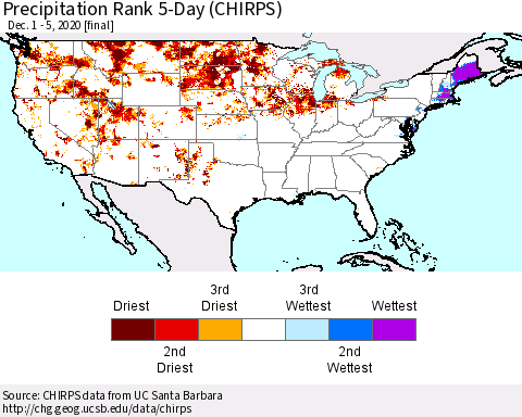 United States Precipitation Rank since 1981, 5-Day (CHIRPS) Thematic Map For 12/1/2020 - 12/5/2020