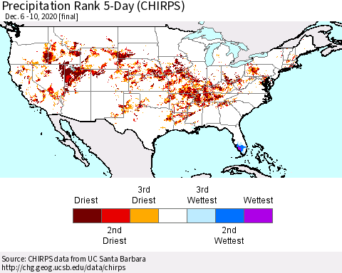 United States Precipitation Rank since 1981, 5-Day (CHIRPS) Thematic Map For 12/6/2020 - 12/10/2020