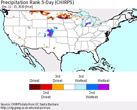 United States Precipitation Rank since 1981, 5-Day (CHIRPS) Thematic Map For 12/11/2020 - 12/15/2020