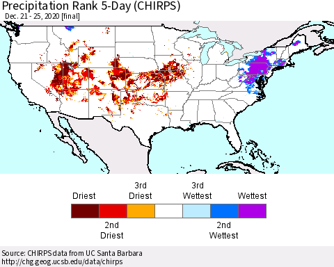 United States Precipitation Rank since 1981, 5-Day (CHIRPS) Thematic Map For 12/21/2020 - 12/25/2020