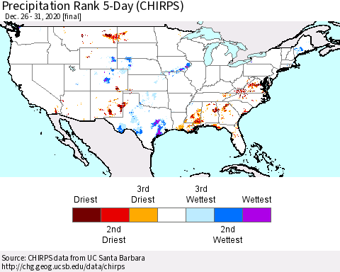 United States Precipitation Rank 5-Day (CHIRPS) Thematic Map For 12/26/2020 - 12/31/2020