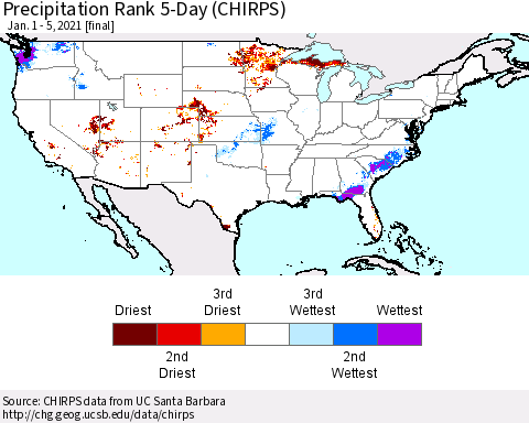 United States Precipitation Rank since 1981, 5-Day (CHIRPS) Thematic Map For 1/1/2021 - 1/5/2021