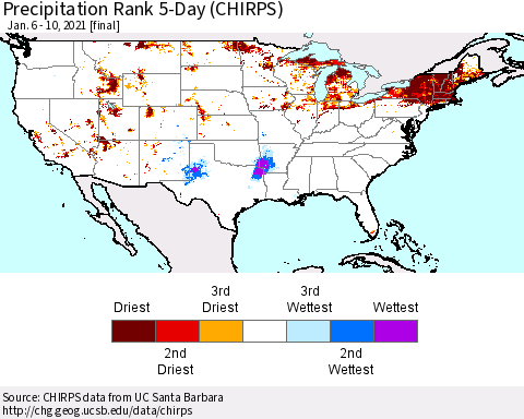 United States Precipitation Rank since 1981, 5-Day (CHIRPS) Thematic Map For 1/6/2021 - 1/10/2021