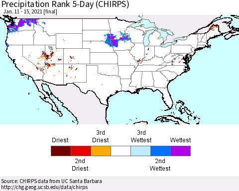 United States Precipitation Rank 5-Day (CHIRPS) Thematic Map For 1/11/2021 - 1/15/2021