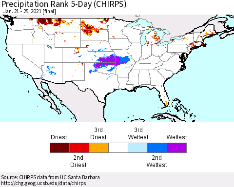 United States Precipitation Rank since 1981, 5-Day (CHIRPS) Thematic Map For 1/21/2021 - 1/25/2021