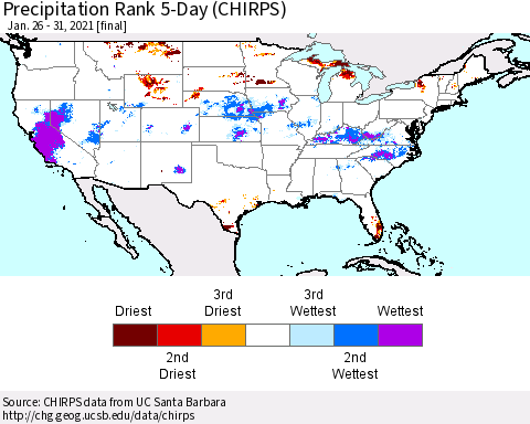 United States Precipitation Rank 5-Day (CHIRPS) Thematic Map For 1/26/2021 - 1/31/2021