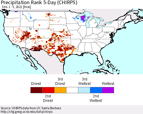 United States Precipitation Rank since 1981, 5-Day (CHIRPS) Thematic Map For 2/1/2021 - 2/5/2021