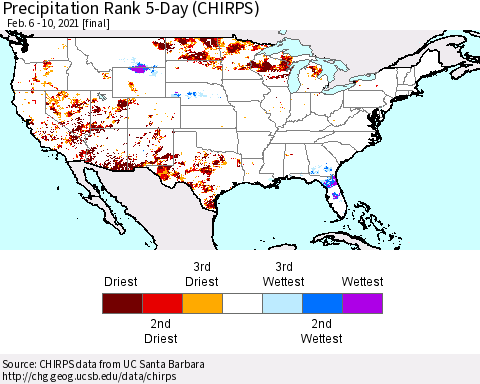 United States Precipitation Rank since 1981, 5-Day (CHIRPS) Thematic Map For 2/6/2021 - 2/10/2021