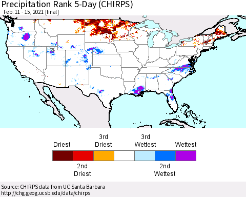 United States Precipitation Rank since 1981, 5-Day (CHIRPS) Thematic Map For 2/11/2021 - 2/15/2021