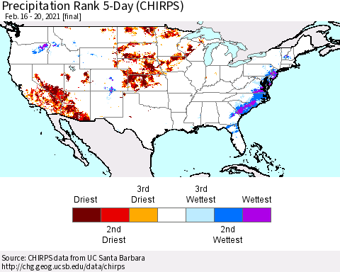 United States Precipitation Rank since 1981, 5-Day (CHIRPS) Thematic Map For 2/16/2021 - 2/20/2021