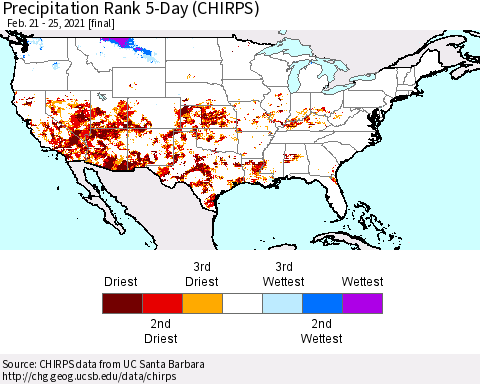 United States Precipitation Rank since 1981, 5-Day (CHIRPS) Thematic Map For 2/21/2021 - 2/25/2021
